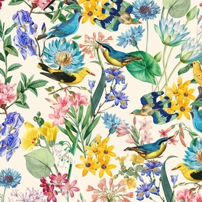 Exotic Summer Rainforest Jungle Beauty:  A Vintage Mysterious Botanical Pattern Featuring 
leaves blossoms and colorful Tropical birds on off white