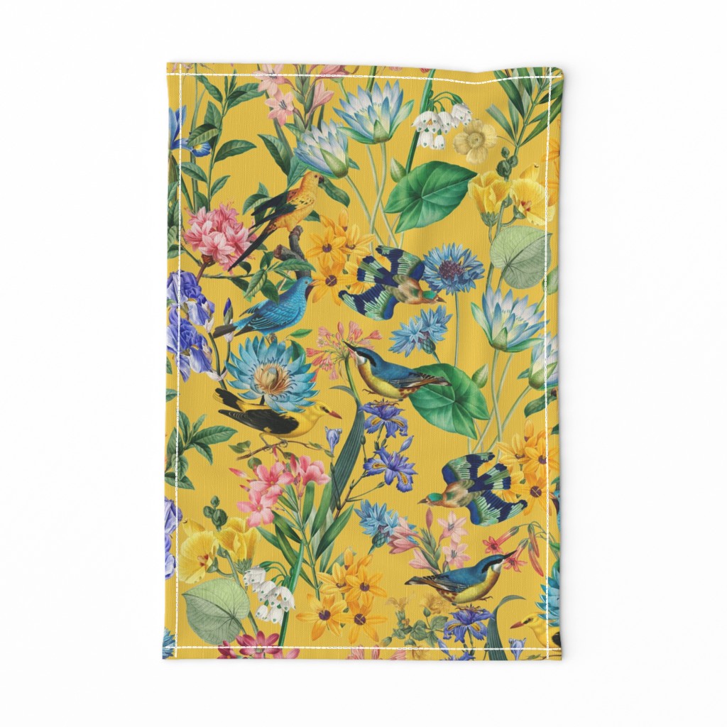 Exotic Summer Rainforest Jungle Beauty:  A Vintage Mysterious Botanical Pattern Featuring 
leaves blossoms and colorful Tropical birds on  sunny yellow