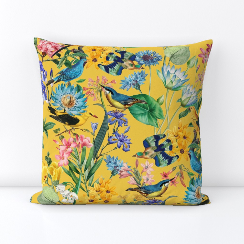 Exotic Summer Rainforest Jungle Beauty:  A Vintage Mysterious Botanical Pattern Featuring 
leaves blossoms and colorful Tropical birds on  sunny yellow