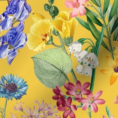 Exotic Summer Rainforest Jungle Beauty:  A Vintage Mysterious Botanical Pattern Featuring 
leaves blossoms and colorful Tropical birds on  sunny yellow