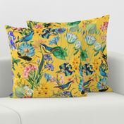 Exotic Summer Rainforest Jungle Beauty:  A Vintage Mysterious Botanical Pattern Featuring 
leaves blossoms and colorful Tropical birds on  sunny yellow