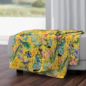 Exotic Summer Rainforest Jungle Beauty:  A Vintage Mysterious Botanical Pattern Featuring 
leaves blossoms and colorful Tropical birds on  sunny yellow