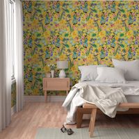 Exotic Summer Rainforest Jungle Beauty:  A Vintage Mysterious Botanical Pattern Featuring 
leaves blossoms and colorful Tropical birds on  sunny yellow