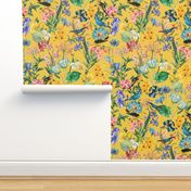 Exotic Summer Rainforest Jungle Beauty:  A Vintage Mysterious Botanical Pattern Featuring 
leaves blossoms and colorful Tropical birds on  sunny yellow