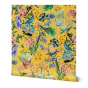 Exotic Summer Rainforest Jungle Beauty:  A Vintage Mysterious Botanical Pattern Featuring 
leaves blossoms and colorful Tropical birds on  sunny yellow