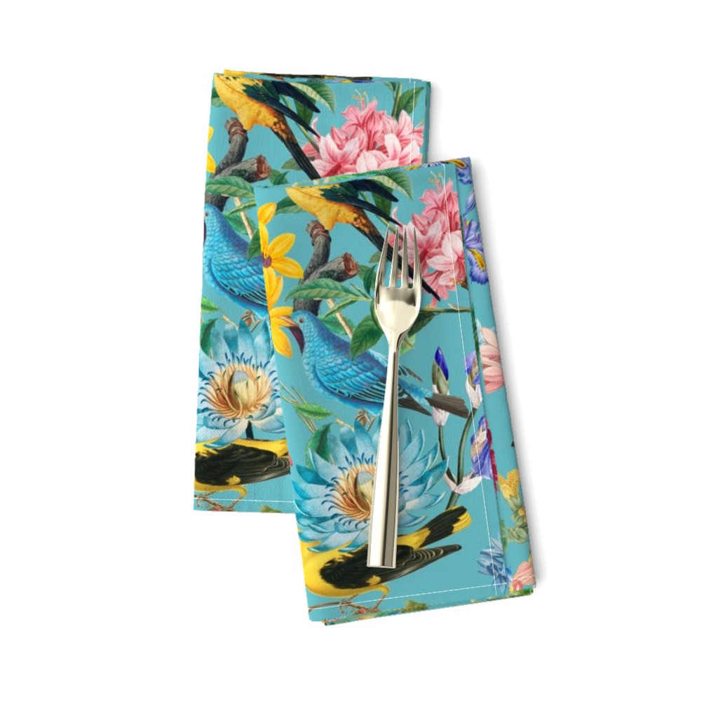 Exotic Summer Rainforest Jungle Beauty:  A Vintage Mysterious Botanical Pattern Featuring 
leaves blossoms and colorful Tropical birds on  turquoise