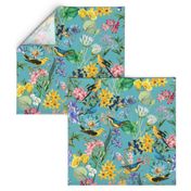 Exotic Summer Rainforest Jungle Beauty:  A Vintage Mysterious Botanical Pattern Featuring 
leaves blossoms and colorful Tropical birds on  turquoise