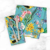 Exotic Summer Rainforest Jungle Beauty:  A Vintage Mysterious Botanical Pattern Featuring 
leaves blossoms and colorful Tropical birds on  turquoise