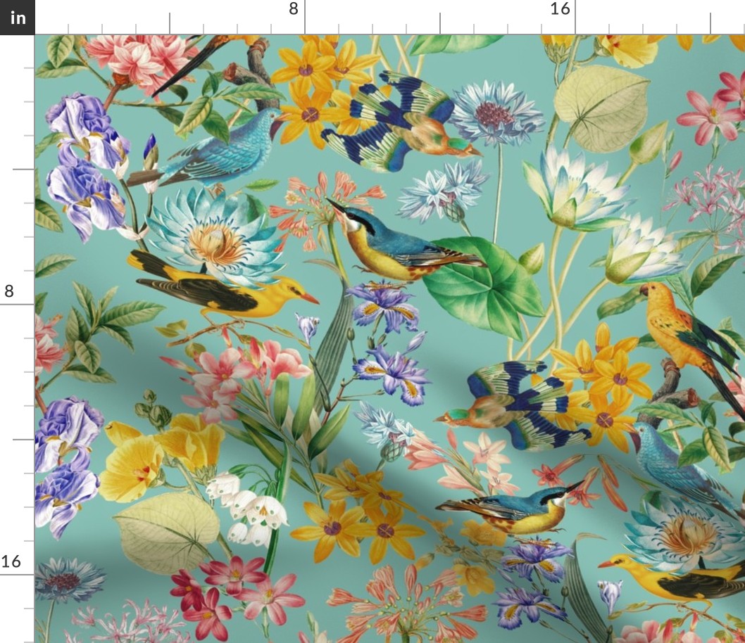 Exotic Summer Rainforest Jungle Beauty:  A Vintage Mysterious Botanical Pattern Featuring 
leaves blossoms and colorful Tropical birds on sepia turquoise