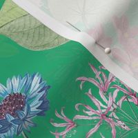 Exotic Summer Rainforest Jungle Beauty:  A Vintage Mysterious Botanical Pattern Featuring 
leaves blossoms and colorful Tropical birds on emerald green