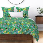 Exotic Summer Rainforest Jungle Beauty:  A Vintage Mysterious Botanical Pattern Featuring 
leaves blossoms and colorful Tropical birds on emerald green