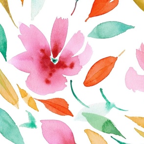 Abstract Watercolour Floral in Pink, Green, Red, Teal and Orange –XL