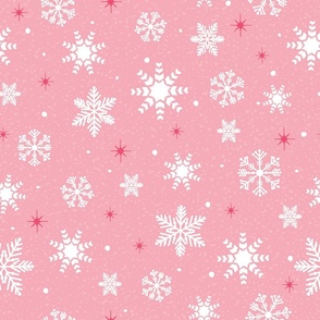 Large - White Winter Snowflakes on Pink with Texture and Pink Stars 