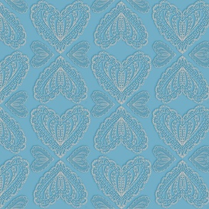 Lacy, Embroidered, Ecru Hearts on Rustic Blue Pastel - Romantic Wedding Linens - 10.5 inch fabric repeat - 12 inch wallpaper repeat