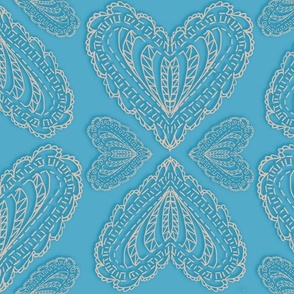 Lacy Embroidered Ecru Hearts on Rustic Blue - Romantic Table or Bed  Linens - largest heart about 12 inches wide