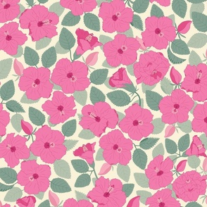 Hot pink and green hibiscus floral pattern