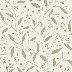 Outlined Floral _ Creamy White, Light Sage Green, Limed Ash, Lion Gold Yellow _ Flowers
