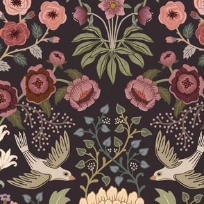 Lively Garden - traditional floral with folk art birds - warm greens, pinks, red, burgundy - jumbo