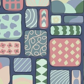 Gender neutral multicolored decorative squares geometric all over non direction pattern on a dark blue background