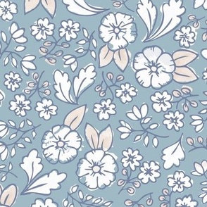 Hand drawn, calming blue and white vintage Liberty style watercolor floral design