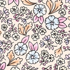 Hand painted vintage ditzy Liberty watercolor floral design in soft Spring colors.