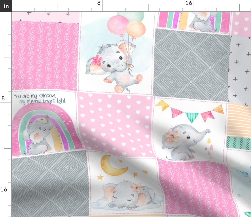 Pink Baby Elephant Patchwork Quilt – Girl Rainbow Cheater Quilt Fabric (quilt A)