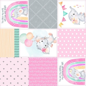 Pink Baby Elephant Patchwork Quilt – Girl Rainbow Cheater Quilt Fabric (quilt A) ROTATED