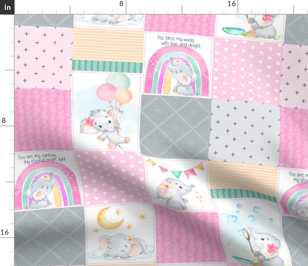 4 1/2" Pink Baby Elephant Patchwork Quilt – Girl Rainbow Cheater Quilt Fabric (quilt A)