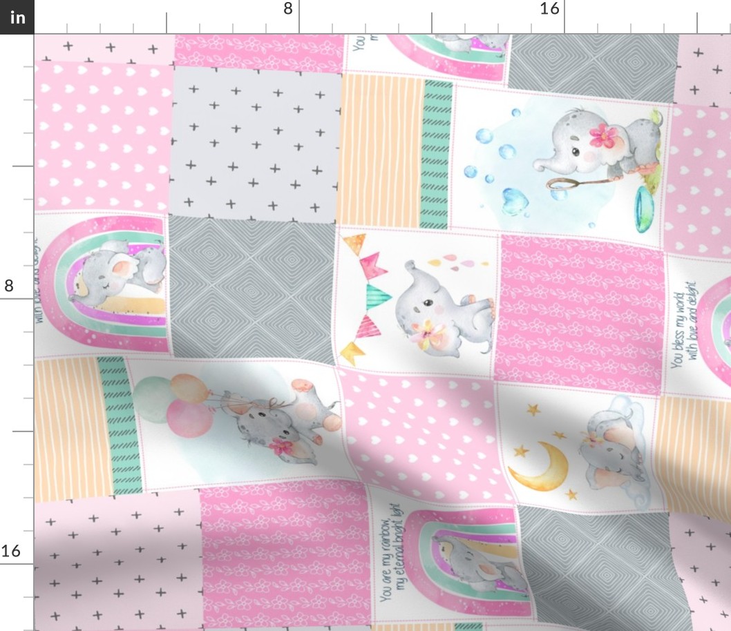 4 1/2" Pink Baby Elephant Patchwork Quilt – Girl Rainbow Cheater Quilt Fabric (quilt A) ROTATED