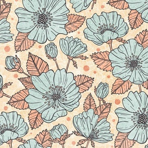 Decorative Wild Roses / Light Blue and  Pink Version / Large Scale or Wallpaper
