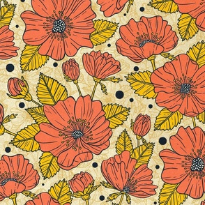 Decorative Wild Roses / Red and Yellow Version / Large Scale or Wallpaper