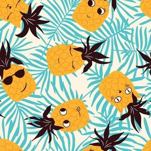 Cute yellow pineapples with faces, pineapple cats and blue palm leaves