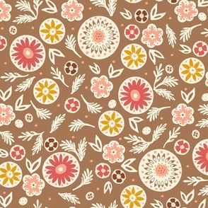 Wild Bloom | Toast & Jam -- Brown Tan Pink Tangerine Peach Coral White Sunflower Daisy Cosmo Wildflower Blockprint Linocut Boho Country Western Stamp Botanical Flowers 60s 70s Cool Vintage Flowerchild Cowgirl Fall Teatowl Scatter Toss