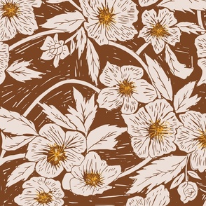 Winter rose block printed floral in hazelnut brown