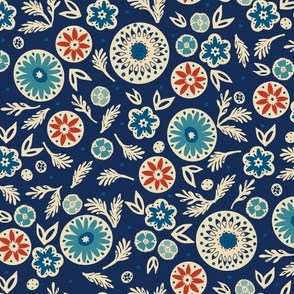 Wild Bloom | Vintage 4th of July Blue -- Independence Day July4th USA Freedom Red White Blue Sunflower Daisy Cosmo Wildflower Blockprint Linocut Boho Country Western Stamp Botanical Flowers 60s 70s Bright Cheery Dopamine Cowgirl Bandana Ranch Cottage