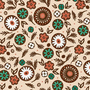 Wild Bloom | Rustic Peach Sage -- Teal Green Coral Brown Cream Sunflower Daisy Cosmo Wildflower Blockprint Linocut Boho Country Western Stamp Botanical Flowers 60s 70s Bright Vintage Dopamine Cowgirl Bandana Cottage