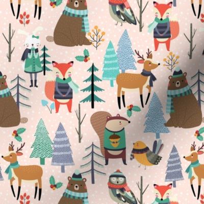 Winter Woodland Animals - Winter Snow Forest Animals, Bears Deer Fox Owl Kids Design (baby pink)