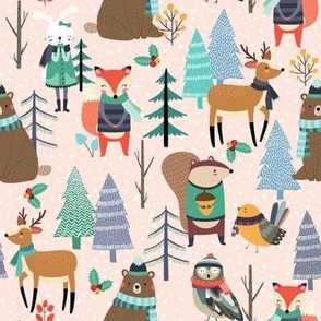 Winter Woodland Animals - Winter Snow Forest Animals, Bears Deer Fox Owl Kids Design (baby pink)
