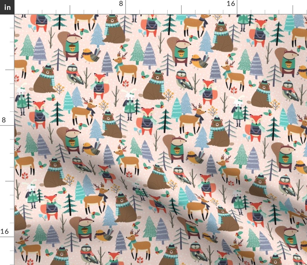 Winter Woodland Animals - Winter Snow Forest Animals, Bears Deer Fox Owl Kids Design (baby pink)