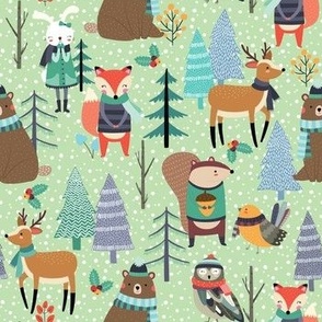 Winter Woodland Animals - Winter Snow Forest Animals, Bears Deer Fox Owl Kids Design (basil)