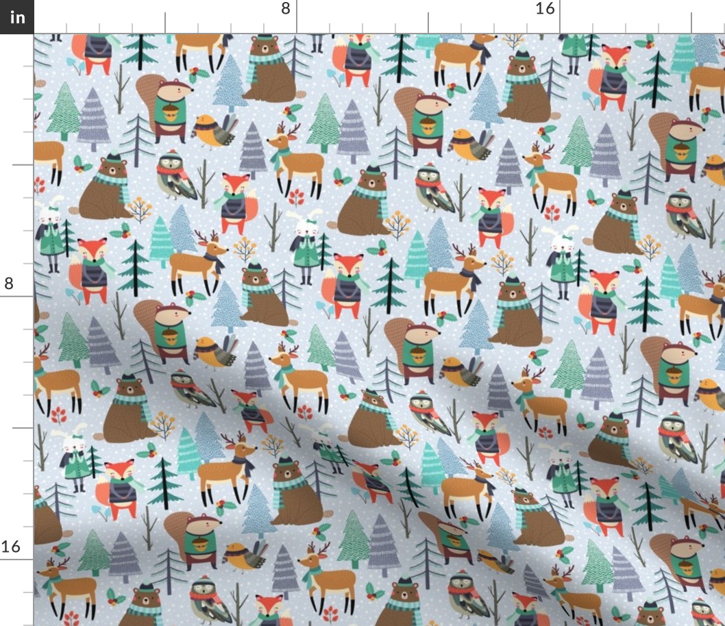 Winter Woodland Animals - Winter Snow Forest Animals, Bears Deer Fox Owl Kids Design (blue chill)