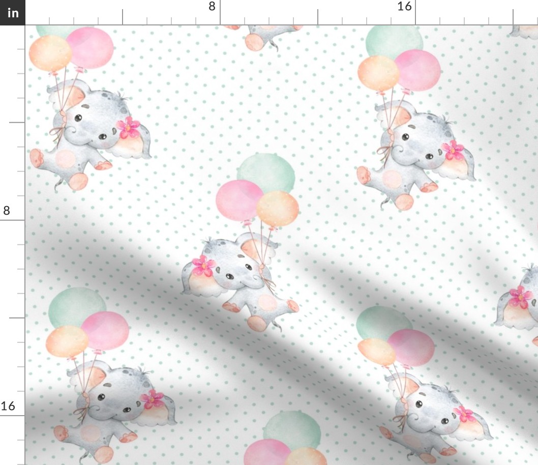 Little Floating Elephants – Baby Girl Nursery Pattern, Girl Elephant Fabric (green dot)