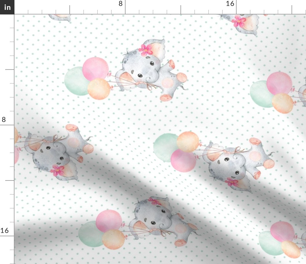 Little Floating Elephants – Baby Girl Nursery Pattern, Girl Elephant Fabric (green dot) ROTATED