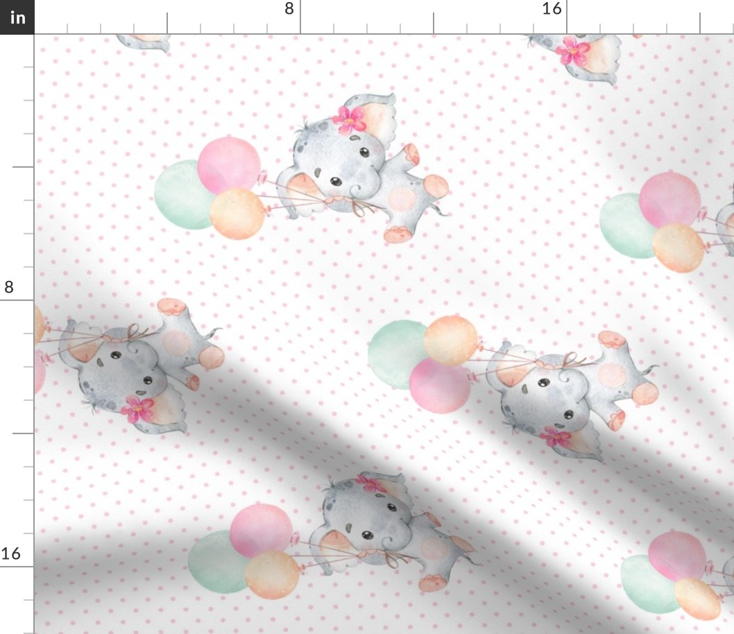 Little Floating Elephants – Baby Girl Nursery Pattern, Girl Elephant Fabric (pink dot) ROTATED