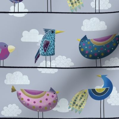 Whimsy Birds on a Wire // Blue, Green, Yellow, Pink on Gray 