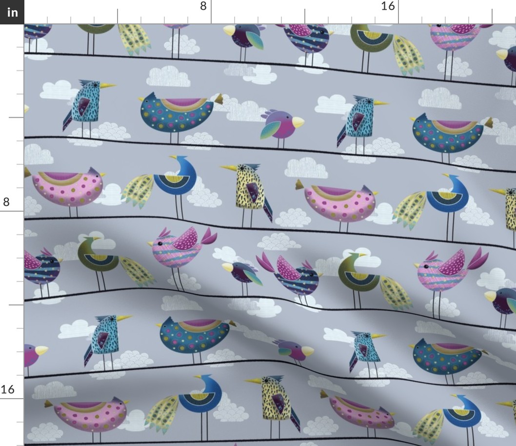 Whimsy Birds on a Wire // Blue, Green, Yellow, Pink on Gray 