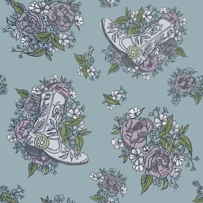 Floral  Cowboy Boot Wallpaper in Denim