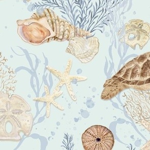 4" Seashell Serenity - Beach Coastal Shells Coral Starfish Watercolor Aqua