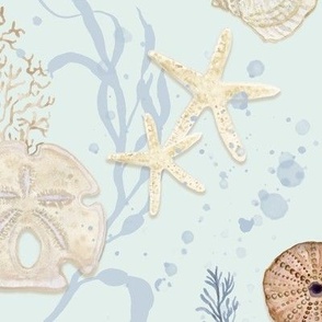 18" Seashell Serenity - Beach Coastal Shells Coral Starfish Watercolor Aqua