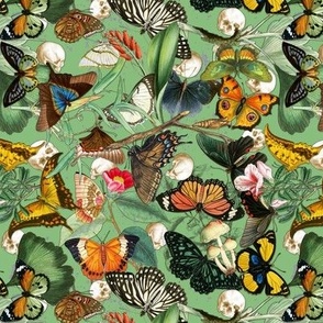 Vintage butterflies with flowers and tiny skulls on textured green
